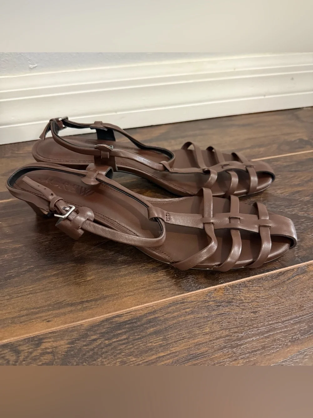 J. CREW Cage-Toe Kitten Heels in Leather Brown Size 8.5 CR925 NWOB